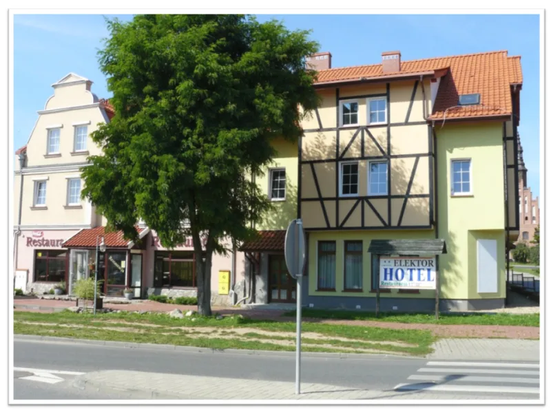 Budynek hotelu, przed nim wysokie drzewo