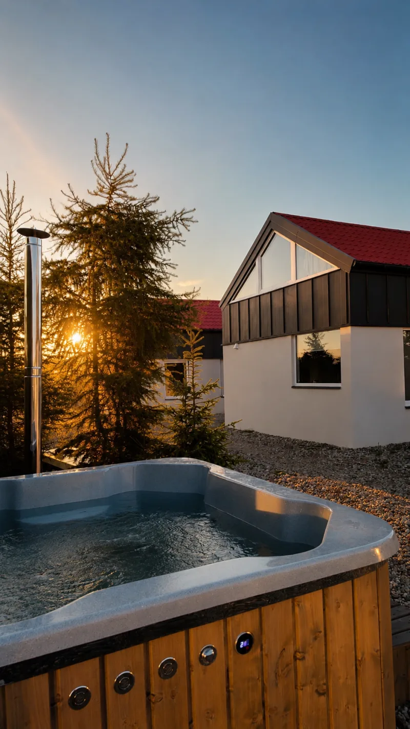 widok na dom i jacuzzi o zachodzie słońca