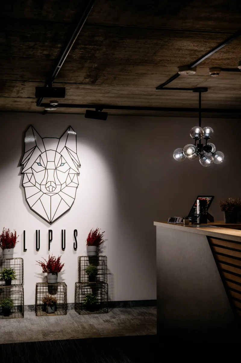 zdjęcie ściany z logo wilka i napisem LUPUS
