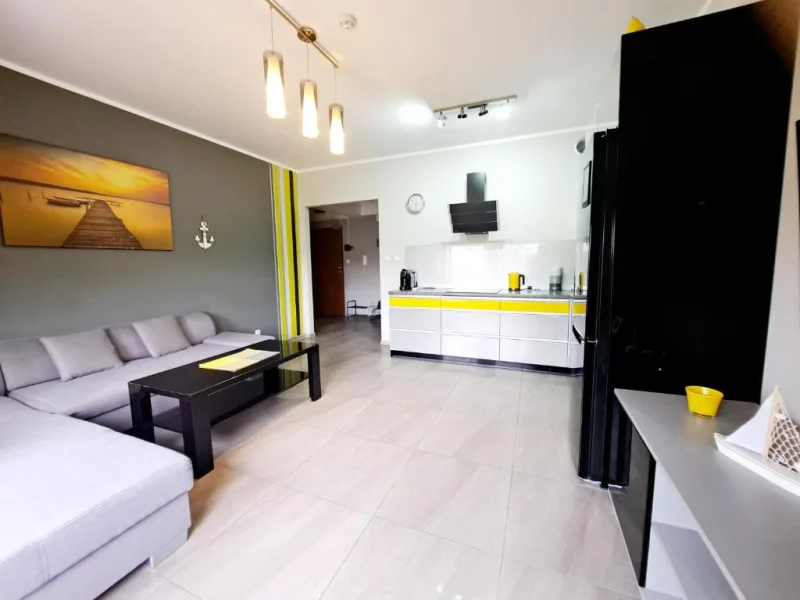wnętrze apartamentu z widokiem na aneks kuchenny i salon
